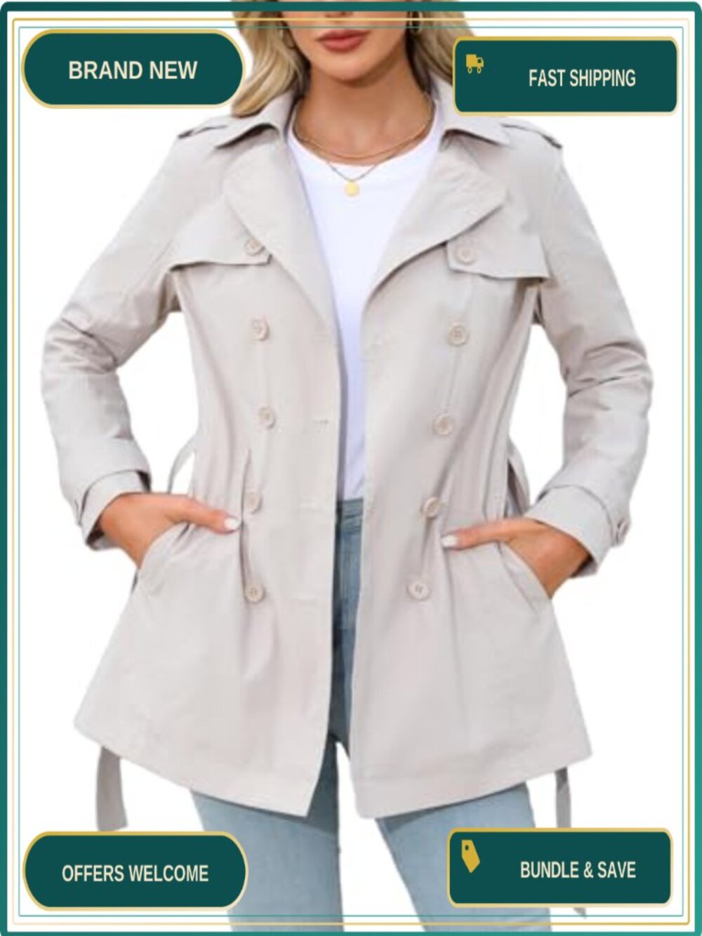 Women's Cropped Trench Coat Double Breasted Belted Jacket